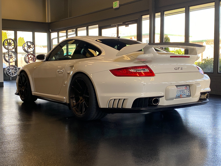 Low millage pristine white 2008 Porsche 911 GT2 for sale at Cantrell Motorsports Bellevue Washington. Lots of carbon fiber.
